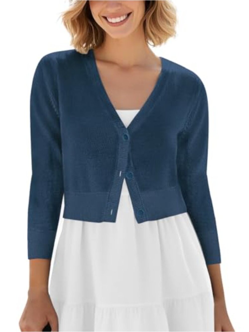 Cropped Cardigan V-Neck Button Down Knitted 3/4 Sleeve Acrylic Viscose Top